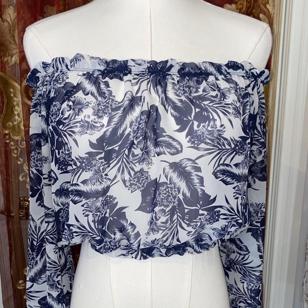 Revamped Navy Floral Off-Shoulder Blouse